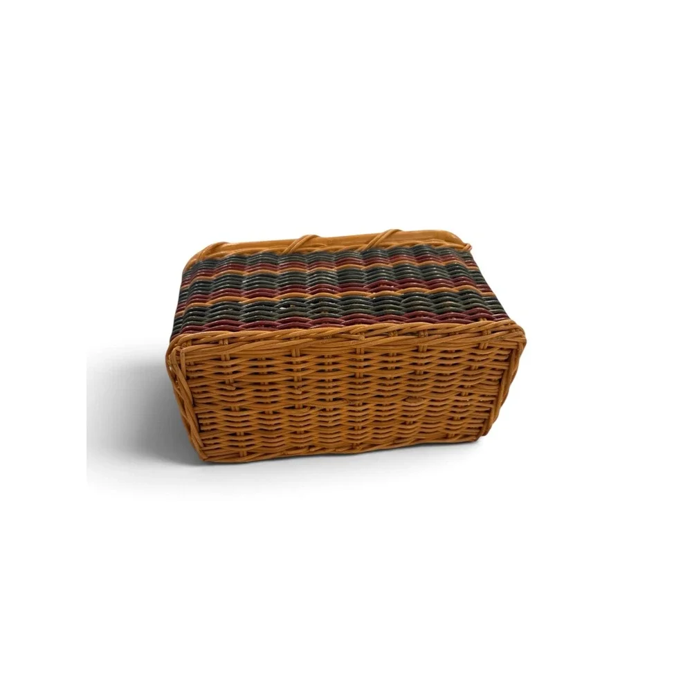 Vintage Wicker Utensil Caddy Woven Rattan Flatware Basket Green Burgundy Brown